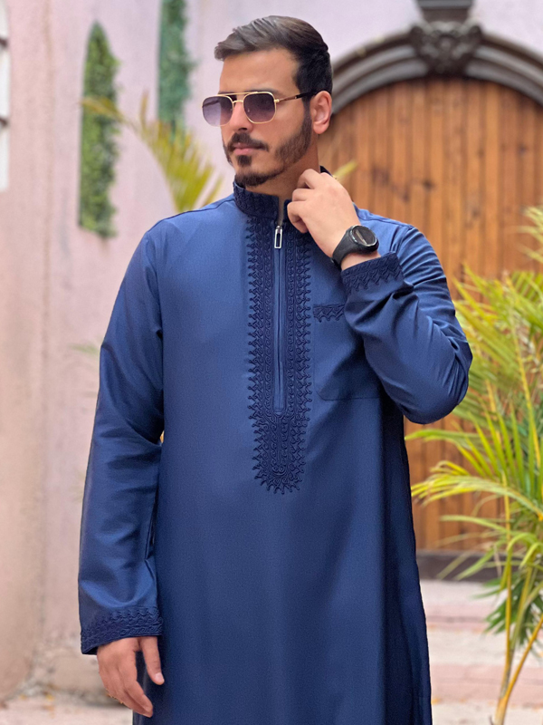 ثوب مغربي كتان كحلي