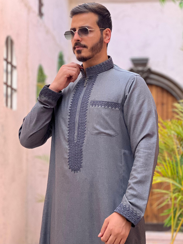 ثوب مغربي كتان رمادي