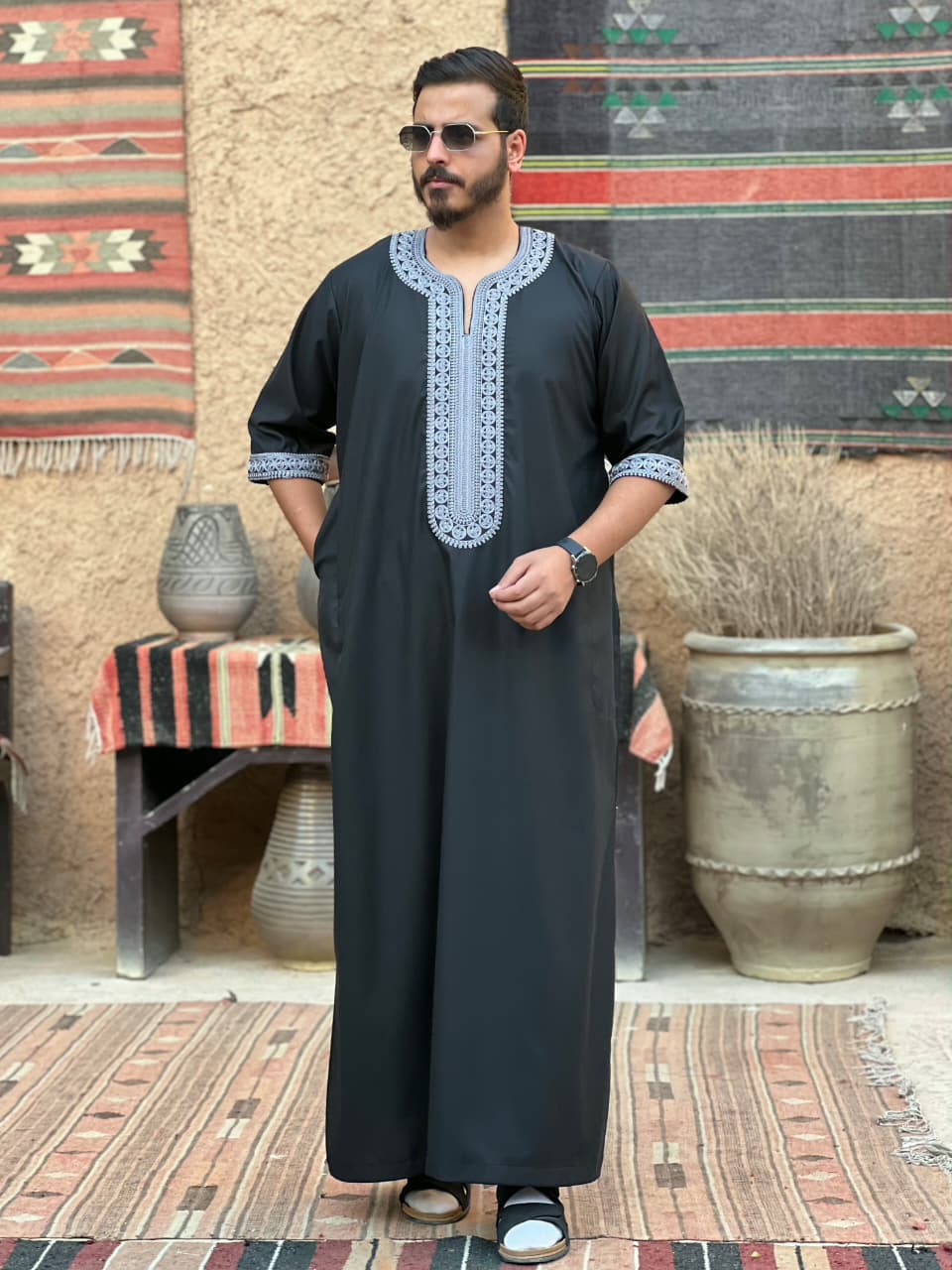 ثوب مغربي نصف كم صيفي ( أسود)