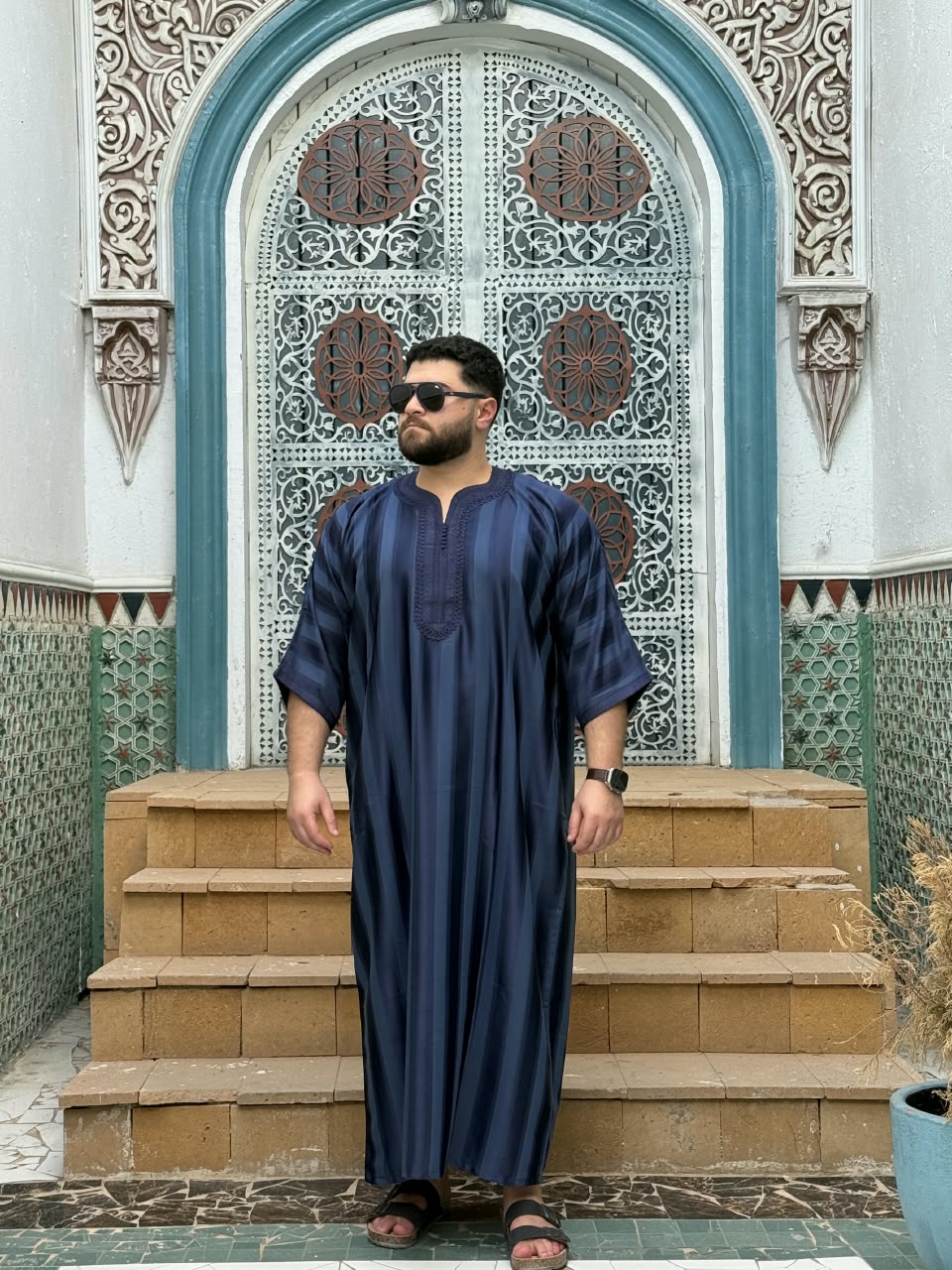 ثوب مغربي نص كم مستورد ازرق