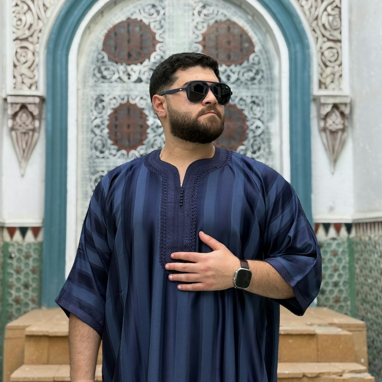 ثوب مغربي نص كم مستورد ازرق - الصورة 2