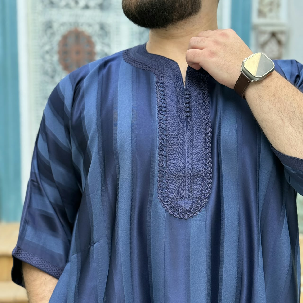 ثوب مغربي نص كم مستورد ازرق - الصورة 3